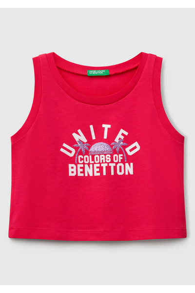United Colors of Benetton Kız Çocuk Fuşya Simli Benetton Logo Baskılı Atlet