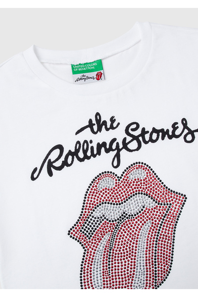 United Colors of Benetton Tricou alb pentru fete cu logo-ul imprimat Rolling Stones