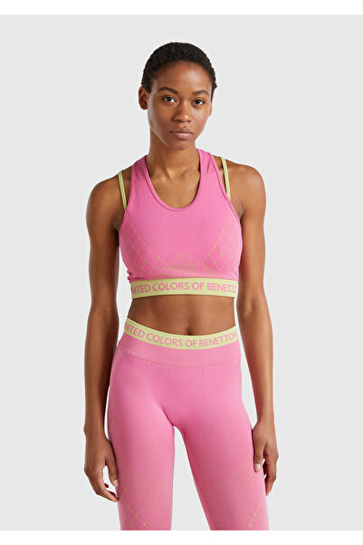 United Colors of Benetton Women's Pink Patterned Waist Logo Strap Detailed Crop Tank Top