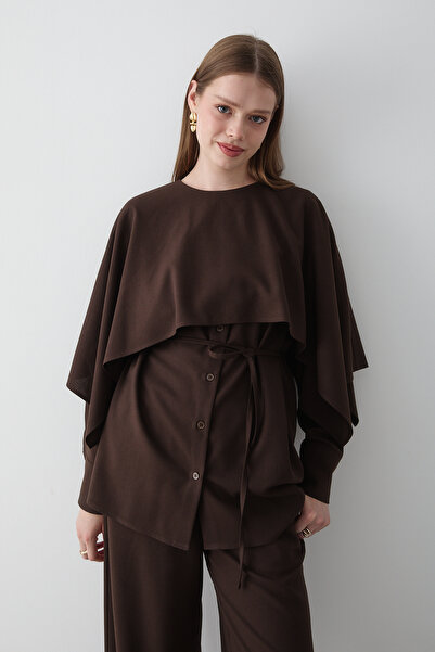 JASTE Women's Cape Detailed Lace-Up Tunic & Elastic Waist Pants Set