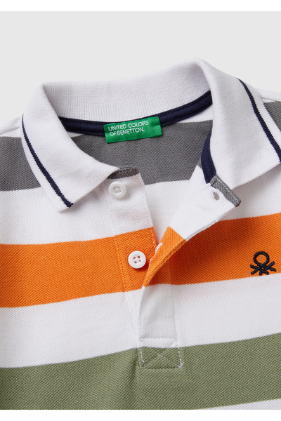 United Colors of Benetton Erkek Çocuk Turuncu Mix Çizgili Logo İşlemeli Polo T-Shirt