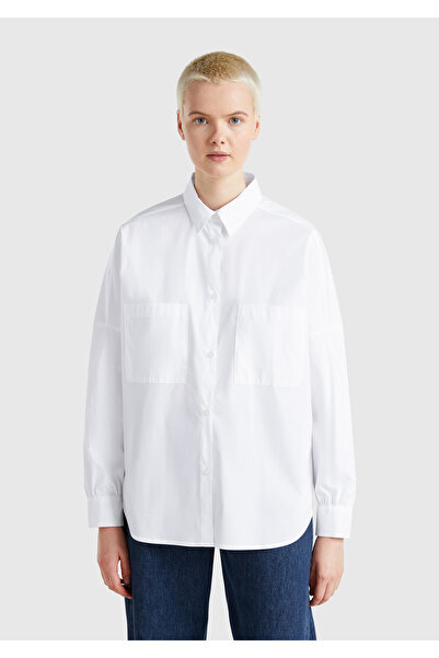 United Colors of Benetton Cămașă oversize pentru femei, albă, din amestec de bumbac, cu mâneci cu șnur