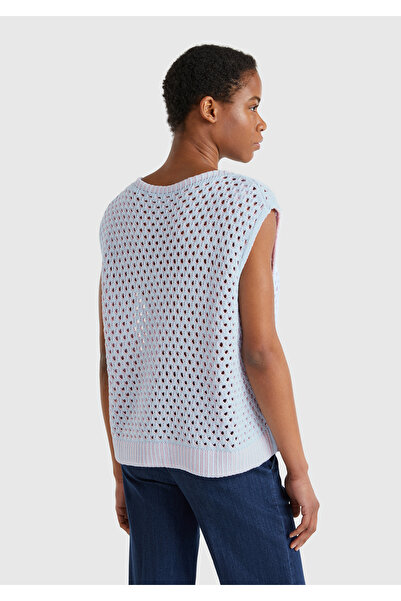 United Colors of Benetton Women's Light Blue Cotton Blend Contrast Buttoned Sides Relax Fit Sweater