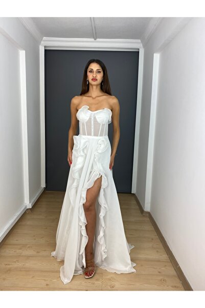 gökkuşagı moda Beyaz Şifon Straplez Yırtmaçlı Bel Transparan Uzun Abiye Elbise