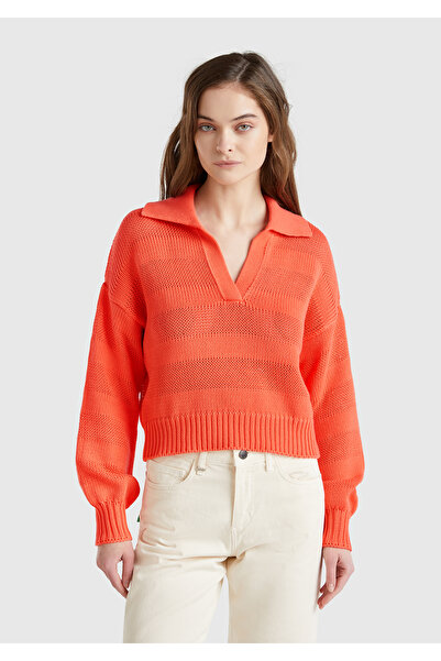 United Colors of Benetton Women's Orange 100% Cotton Stripe Effect Relax Fit Polo Neck Sweater