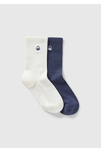 United Colors of Benetton Комплект от 2 дълги чорапи с бродирано лого за момчета в тъмносиньо-бяло