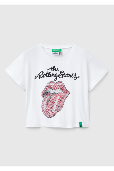 United Colors of Benetton Tricou alb pentru fete cu logo-ul imprimat Rolling Stones
