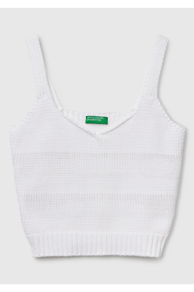 United Colors of Benetton Women's White 100% Cotton Stripe Effect Knitted Relax Fit V-Neck Knitwear Undershirt