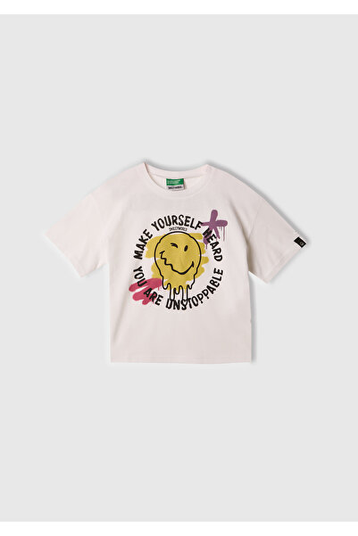 United Colors of Benetton Κοριτσίστικο μπλουζάκι με λευκό Smiley World με ετι...