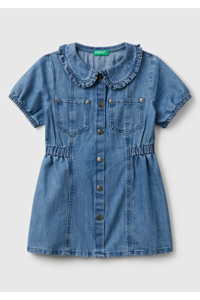 United Colors of Benetton Rochie din denim cu mânecă scurtă pentru fete, cu b...