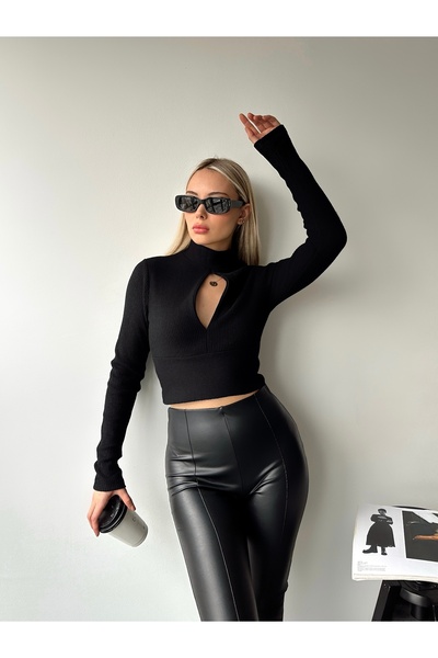 ladyzey γυναικεία μακρυμάνικη μπλούζα με ζιβάγκο με λεπτομέρεια βιτρίνας μπροστά