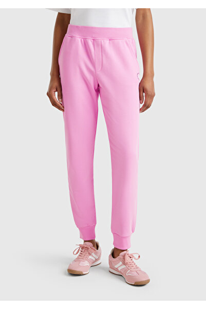 United Colors of Benetton Women's Pink Cotton Blend Logo Printed Jogger Sweatpants with Elastic Waist