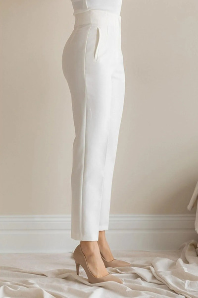 A&O Style Women's White High Waist Slim Fit Fabric Trousers