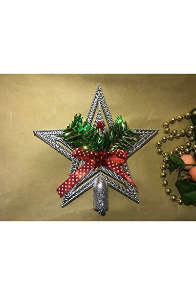 Deniz Party Store Yılbaşı Çam Ağacı Gümüş Renk Yıldız Tepelik Fiyonklu 1 Adet 15 Cm Plastik