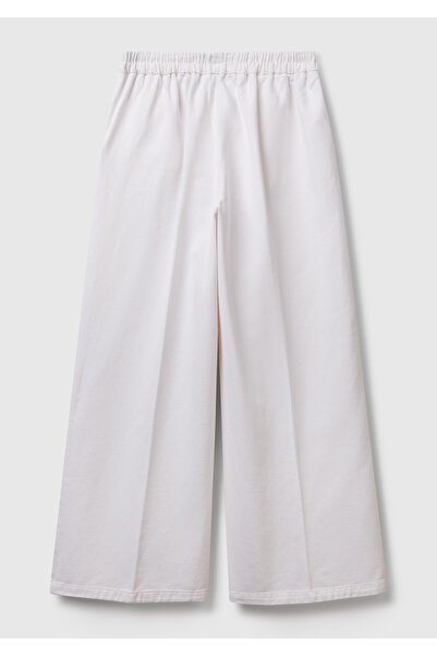 United Colors of Benetton Women's White 100% Cotton Palazzo Trousers with Elastic Back Waist