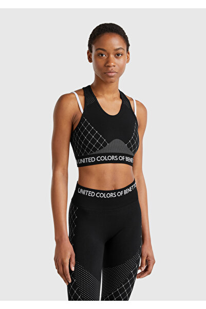 United Colors of Benetton Women's Black Patterned Waist Logo Banded Suspender Detailed Crop Tank Top