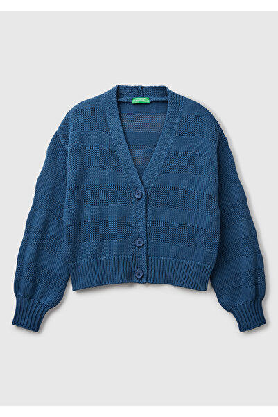 United Colors of Benetton Cardigan tricotat cu umăr liber, 100% bumbac, denim...
