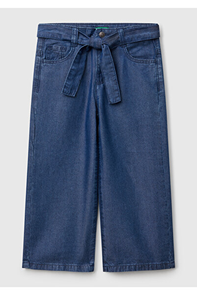 United Colors of Benetton Girl's Dark Denim 100% Liyosel Stone Washed Belted Wide Leg Denim Trousers