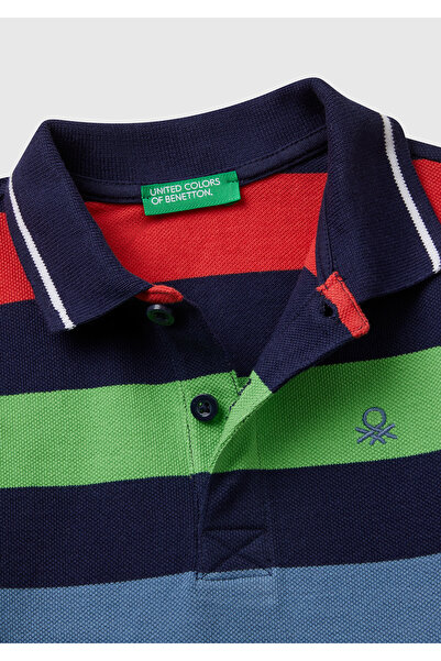 United Colors of Benetton Erkek Çocuk Koyu Renkli Mix Çizgili Logo İşlemeli Polo T-Shirt