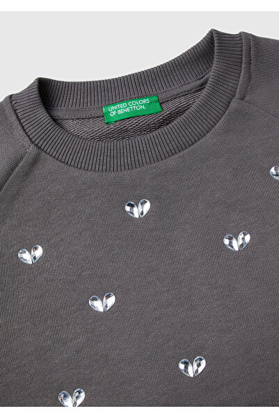 United Colors of Benetton Girl's Anthracite Ribbed Crew Neck Sweatshirt with Stone Detail on the Front