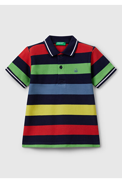 United Colors of Benetton Erkek Çocuk Koyu Renkli Mix Çizgili Logo İşlemeli Polo T-Shirt
