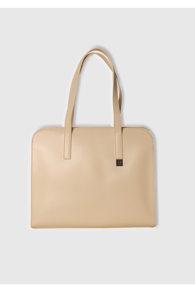 United Colors of Benetton Kadın Taş Rengi Logo Detaylı Metal Plakalı Fermuarlı Geniş Tote Çanta