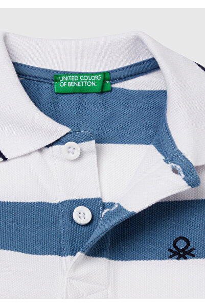 United Colors of Benetton Erkek Çocuk Mavi Mix Çizgili Logo İşlemeli Polo T-Shirt