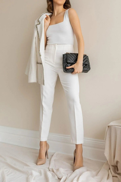 A&O Style Women's White High Waist Slim Fit Fabric Trousers