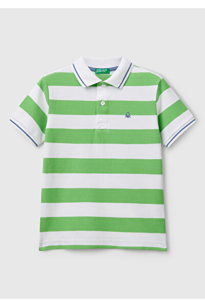 United Colors of Benetton Erkek Çocuk Fıstık Yeşili Mix Çizgili Logo İşlemeli Polo T-Shirt