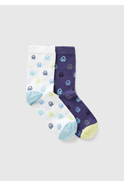 United Colors of Benetton Комплект от 2 дълги чорапи с шарки за момчета, тъмносиньо-бели