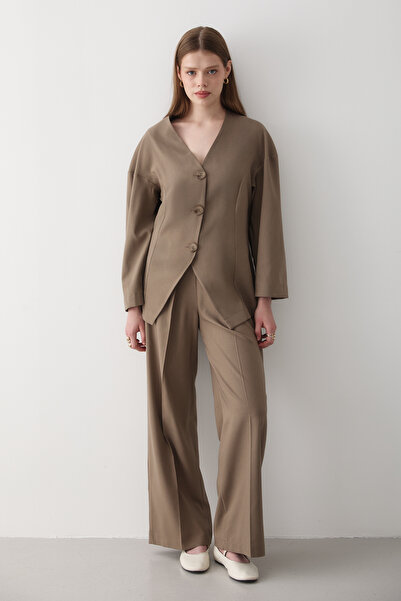 JASTE Women's Khaki V Neck Button down Jacket & Elastic Waist Pants Bottom & Top Set