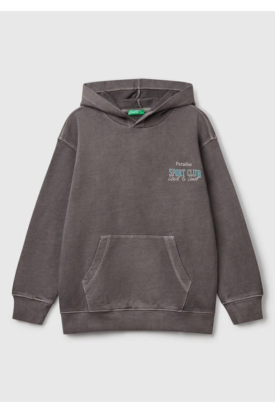 United Colors of Benetton Boy's Anthracite Printed Faded Effect Pouch Pocket Hooded Sweatshirt