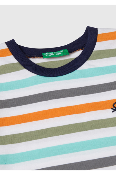 United Colors of Benetton Erkek Çocuk Turkuaz Mix Çizgili Önü Logo İşlemeli T-Shirt