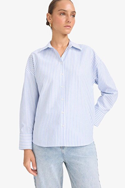 DeFacto Oversize Geniş Kalıp Çizgili Oxford Uzun Kollu Gömlek D4512AX25SP