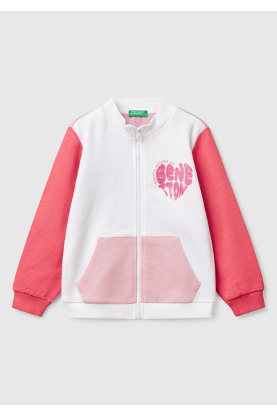 United Colors of Benetton Kız Çocuk Beyaz Mix Simli Benetton Logo İşlemeli Fermuarlı Sweatshirt