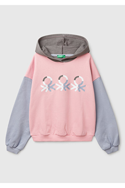 United Colors of Benetton Kız Çocuk Pembe Mix Benetton Logo Baskılı Kapüşonlu...