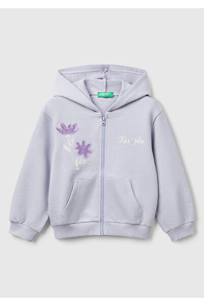 United Colors of Benetton Момичешки суитшърт с качулка и бродерия в лилав цвя...