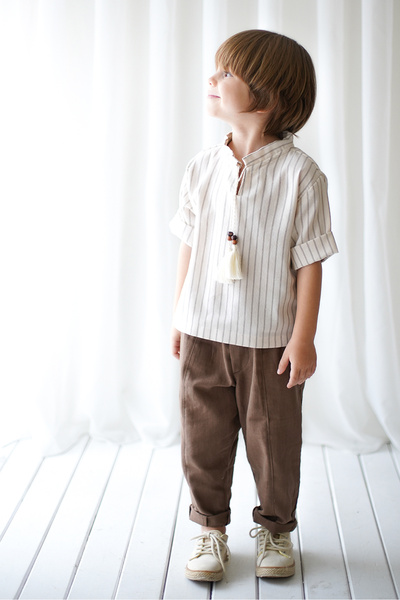 Catz Kids Boy's Dark Brown Cotton Linen Pants + Cream Striped Drawstring Cotton Linen Shirt