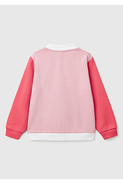 United Colors of Benetton Kız Çocuk Beyaz Mix Simli Benetton Logo İşlemeli Fermuarlı Sweatshirt