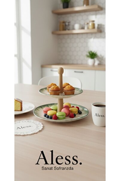 Aless 2-Ply Green Detailed Round Wooden Handle Ceramic Presentation Bowl Snack Bowl Fruit Bowl