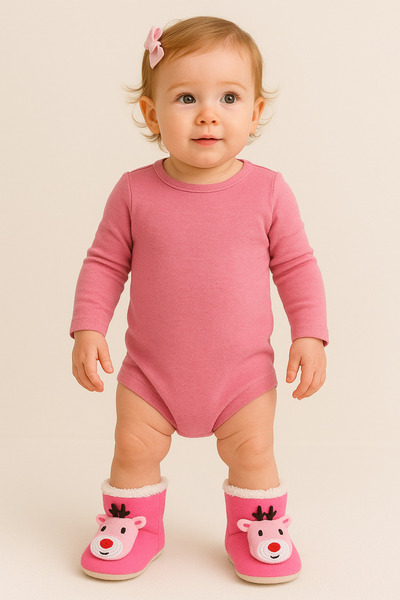 Puppis Baby Geyikli Pink Baby Girl Slippers, Non-Slip Sole, Anti-Sweat, Organic Ilkadım