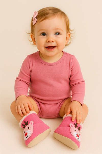 Puppis Baby Geyikli Pink Baby Girl Slippers, Non-Slip Sole, Anti-Sweat, Organic Ilkadım