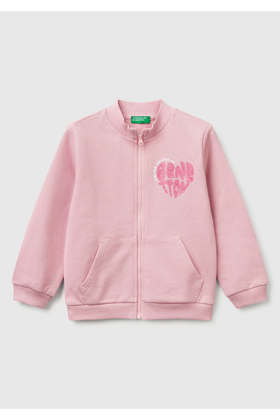 United Colors of Benetton Girl's Pink Glitter Benetton Logo Embroidered Zippe...