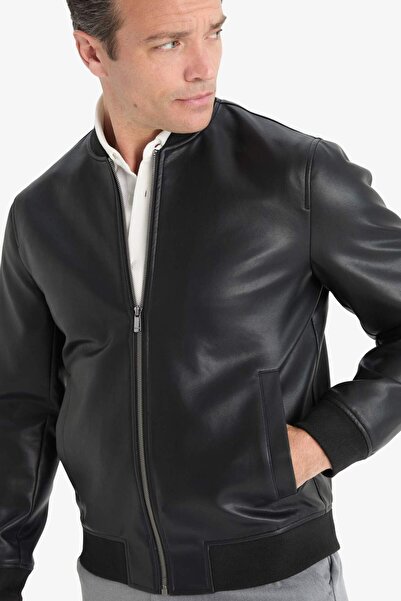 DeFacto Slim Fit Kolej Yaka Bomber Astarlı Suni Deri Mont