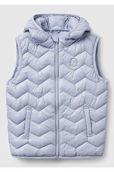 United Colors of Benetton Girl's Lilac Glitter Logo Detailed Hooded Vest