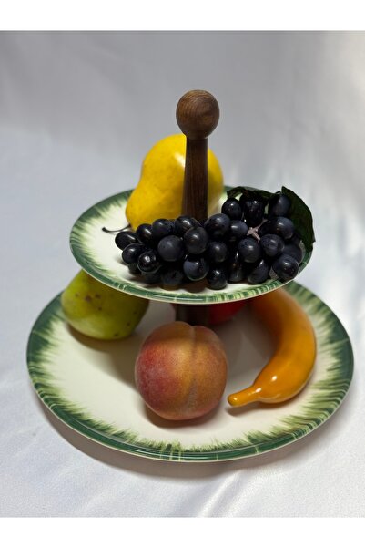 Aless 2-Ply Green Detailed Round Wooden Handle Ceramic Presentation Bowl Snack Bowl Fruit Bowl