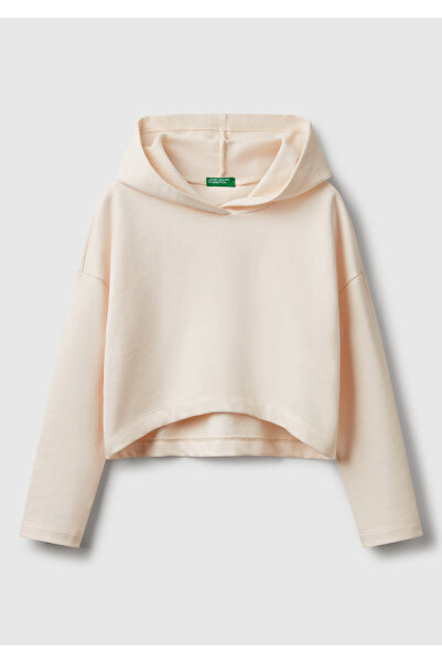 United Colors of Benetton Kız Çocuk Ekru Arkası Logo Etiketli Kapüşonlu Relax Fit Sweatshirt