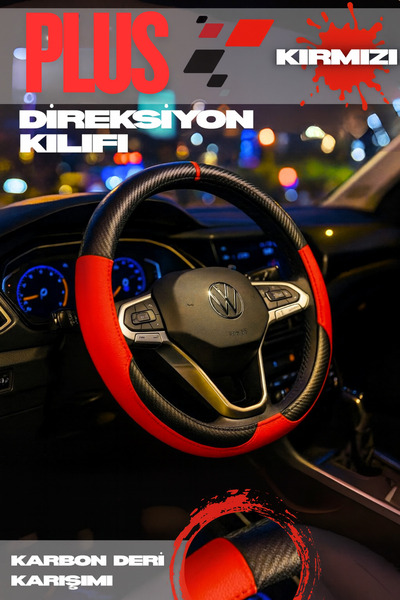 PlusOto Plus Karbon Serisi Siyah Kırmızı Geçmeli Direksiyon Kılıfı (SİYAH KIR...