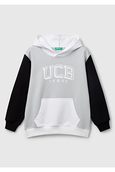 United Colors of Benetton Момчешки сив суитшърт с качулка и лого на Benetton ...