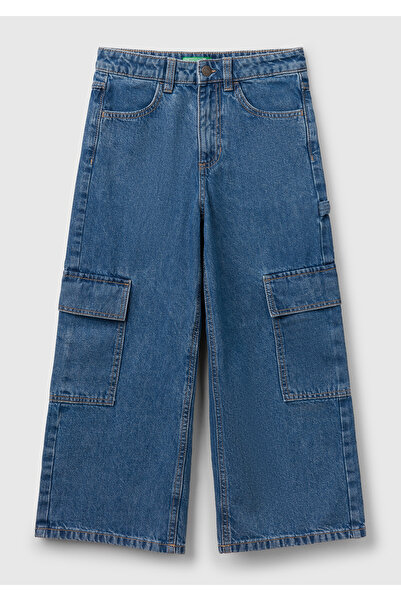 United Colors of Benetton Girl's Denim Stone Wash Wide Fit Cargo Denim Pants
